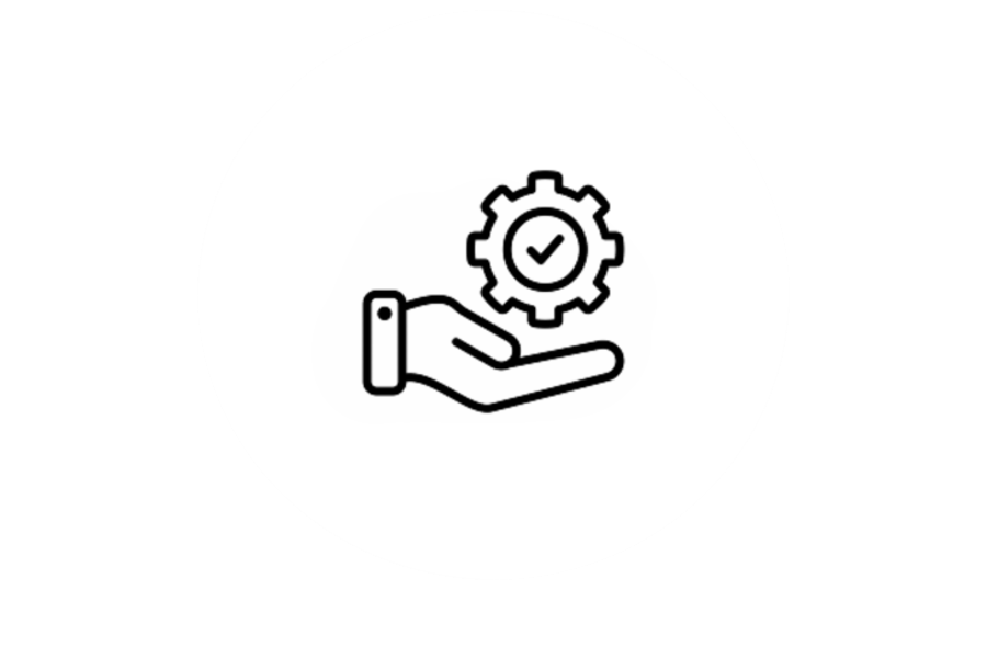 Icon of a hand holding a gear with a checkmark inside it, symbolizing support or management.