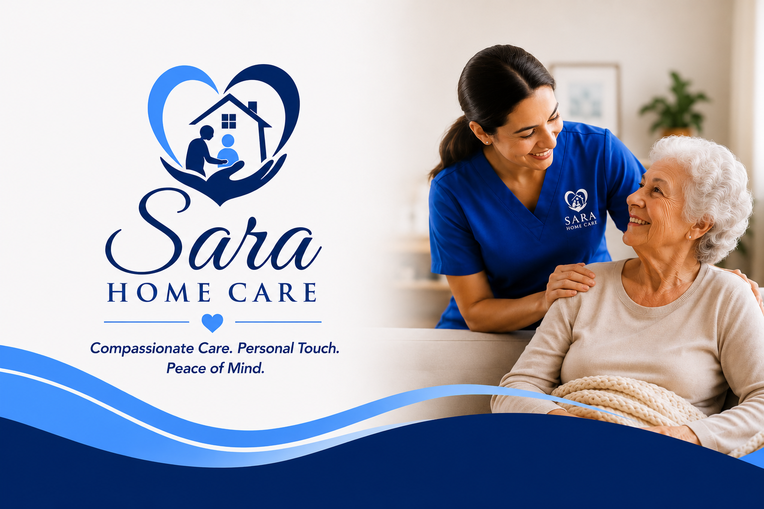 Logo for Sara Home Care with a heart-shaped graphic of an adult and child under a roof, and a photo of a caregiver smiling at an elderly woman in a home setting.