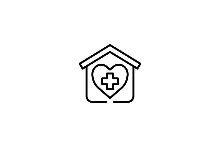 Icon representing healthcare or medical services at a pet or animal shelter, showing a house with a heart and medical cross inside.
