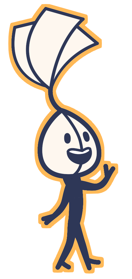 Personnage à tête en forme de graine, saluant de la main.
