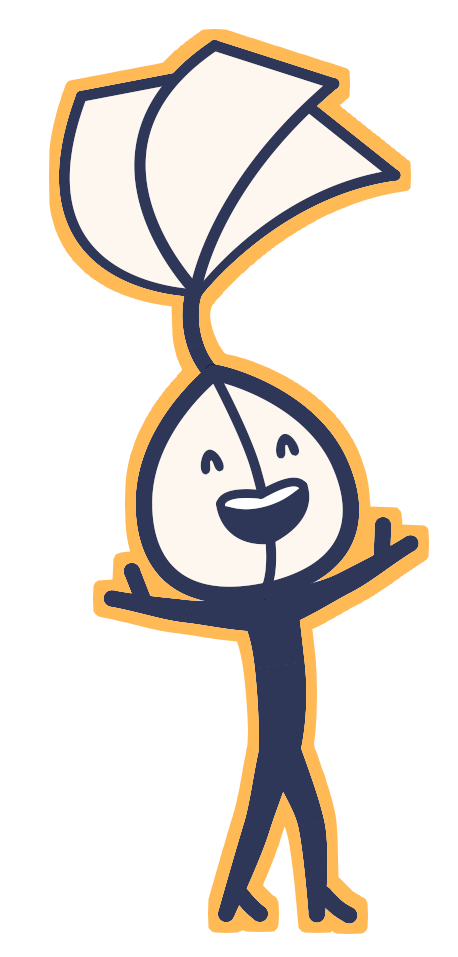 Personnage à tête en forme de graine, souriant, avec bras ouverts.