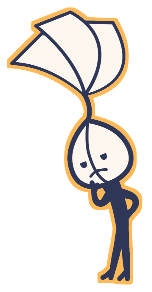 Personnage à tête en forme de graine avec un air dubitatif.