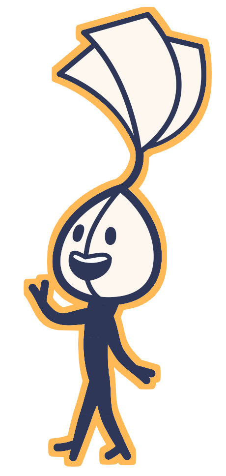 Personnage à tête en forme de graine, saluant de la main.