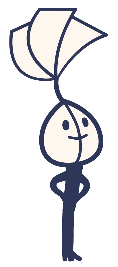 Personnage à tête en forme de graine, se tenant droit et attentif.