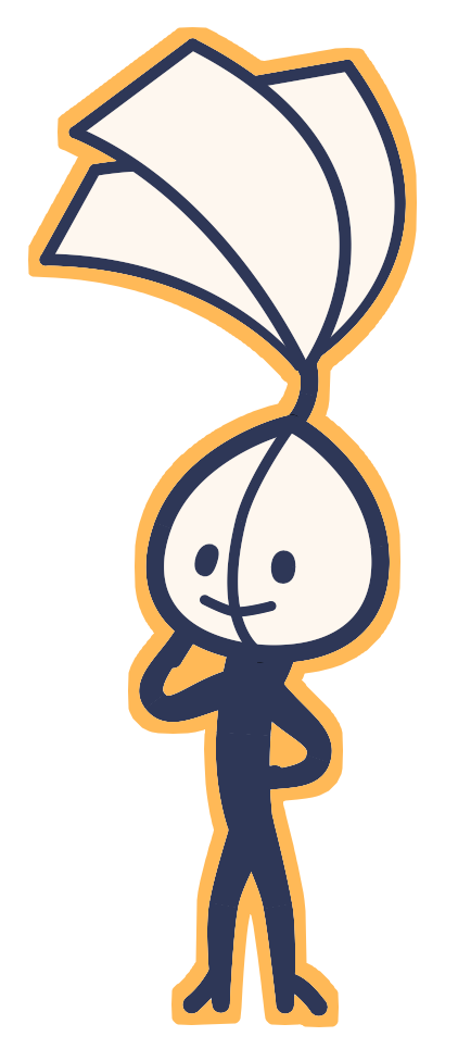 Personnage à tête en forme de graine en fleur, avec un sourire discret et pensif.
