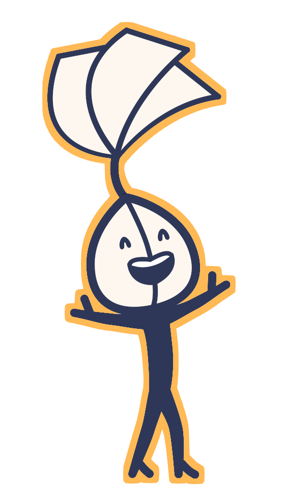 Personnage à tête en forme de graine en fleur avec un visage souriant.
