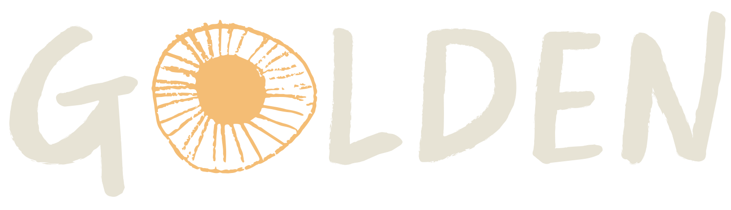 The word "GOLDEN" written in a hand-drawn style with a sun illustration replacing the letter "O".