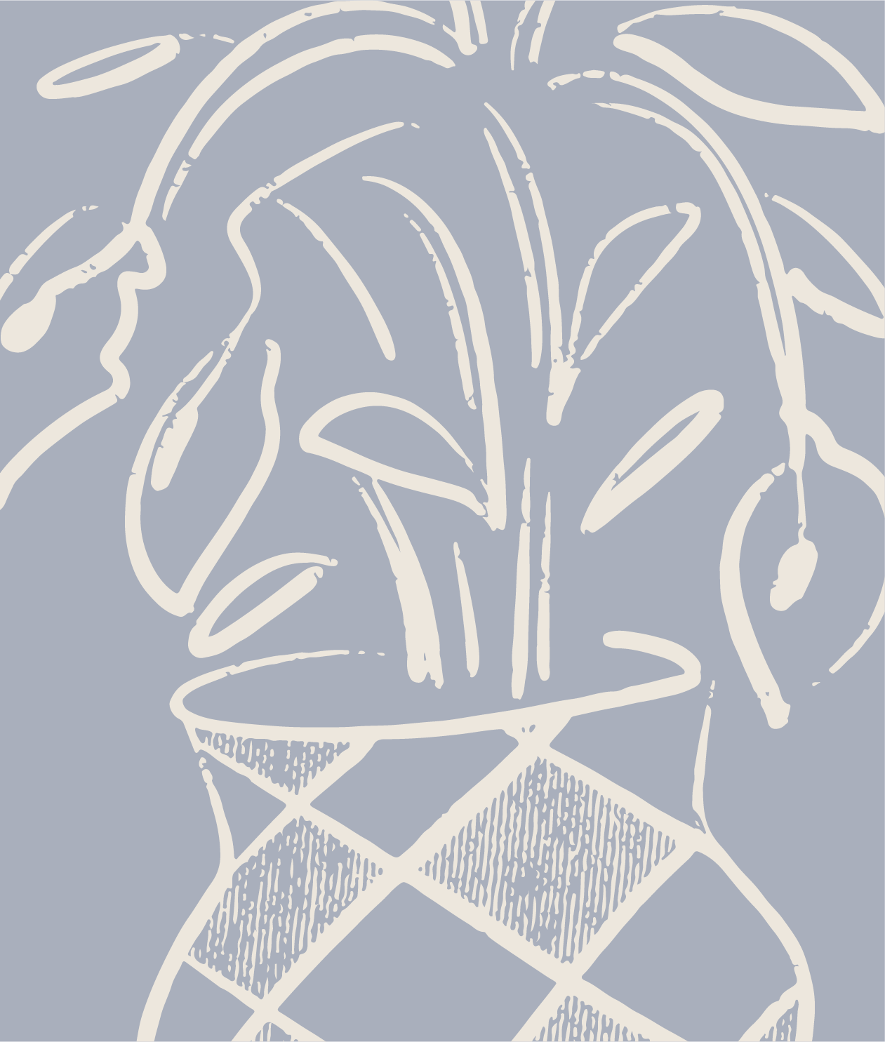 Line drawing of a potted plant with long, pointed leaves on a light gray background.