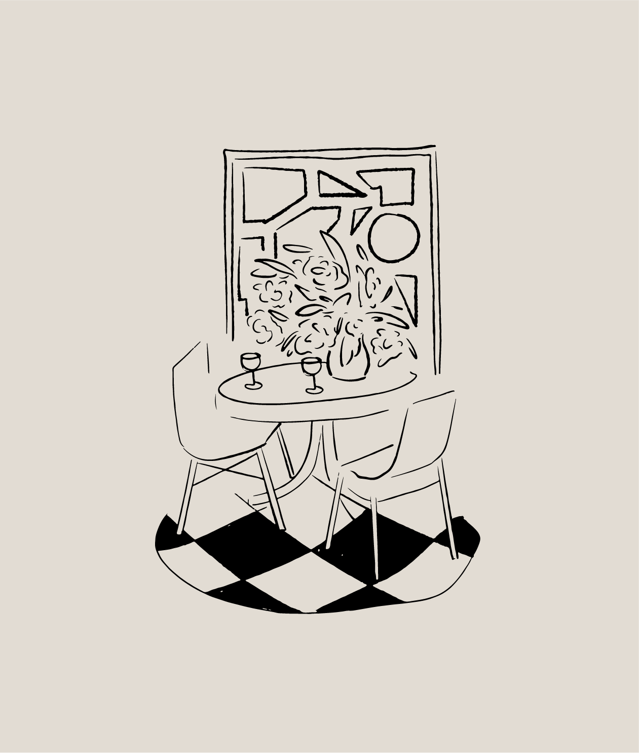 A minimalist line drawing of a small round table with two chairs, a potted plant, and two glasses. In the background, a window with various abstract shapes and a circle, with a checkered floor underneath.