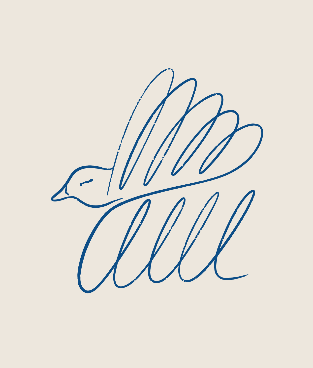 Minimalist line drawing of a bird in flight with stylized fins or wings.