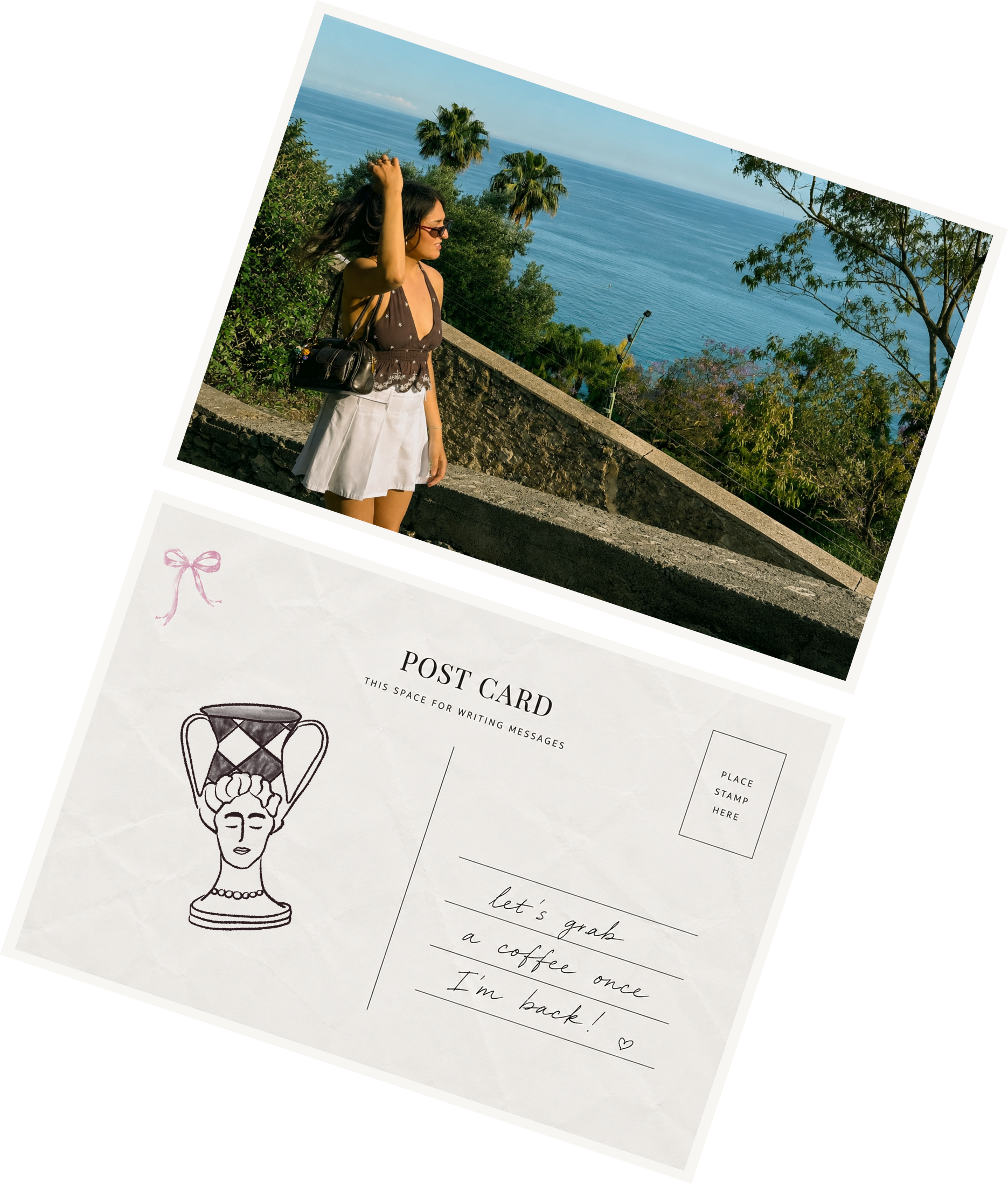 A woman standing outdoors by a stone railing, looking out over lush trees and the ocean with palm trees in the background, wearing sunglasses, a brown top with white embroidered floral details, a white skirt, and carrying a black purse.