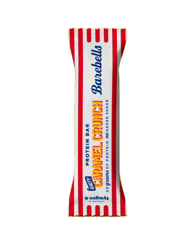 A Ballpark Caramel Crunch protein bar with salty caramel flavor, 20 grams of protein, no added sugar, in red and white striped packaging.