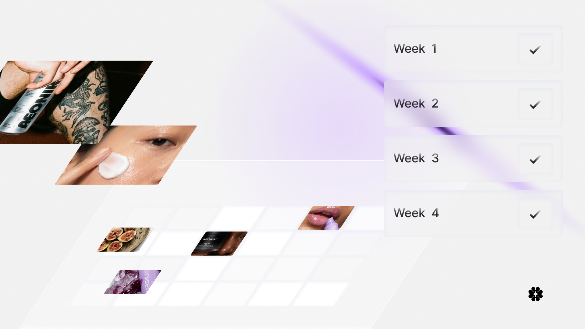 A digital skincare routine progress tracker with weekly checkmarks for Weeks 1 through 4, featuring images of skincare products, a person applying lotion with a dollop on their cheek, and a close-up of someone holding a skincare spray or serum.