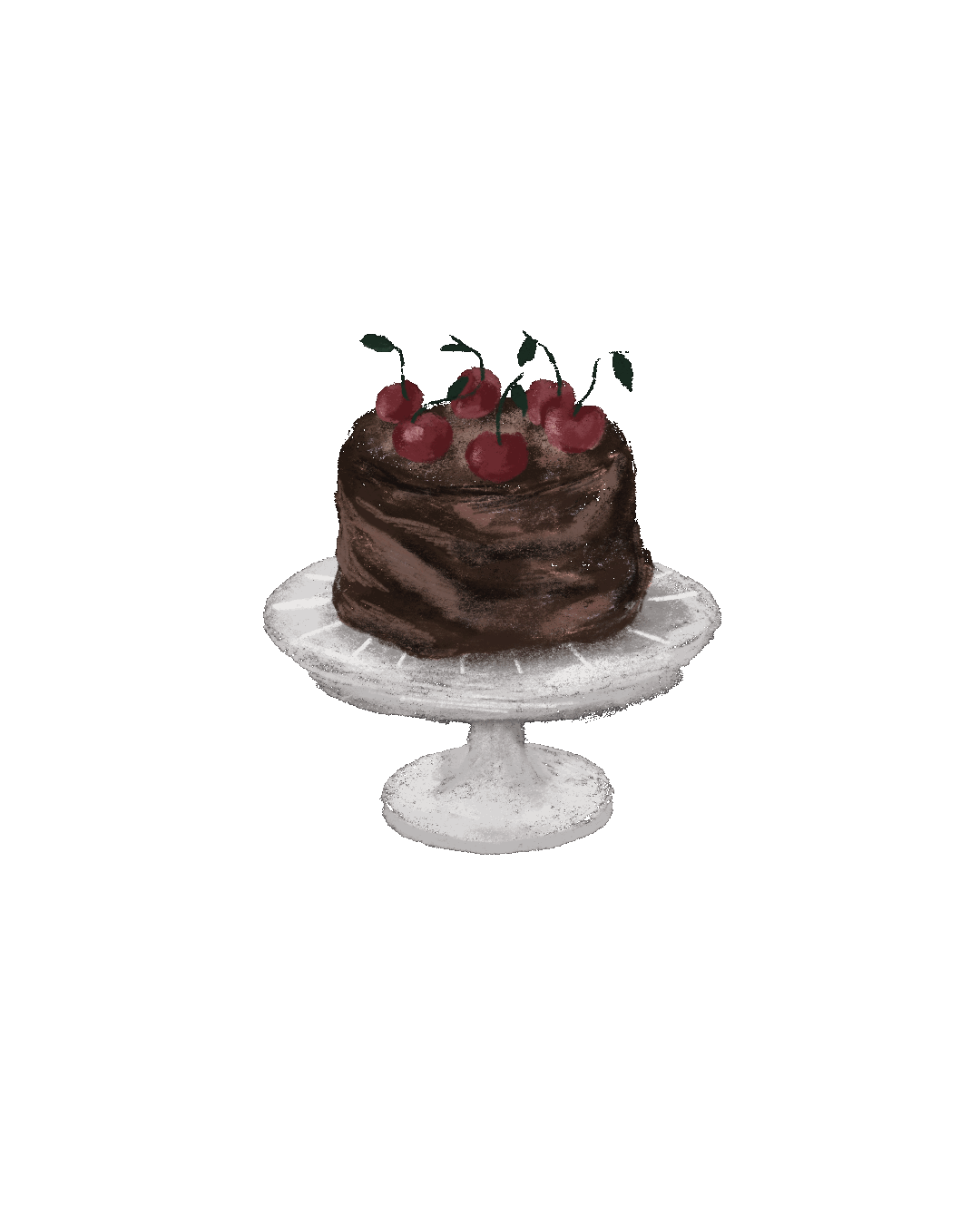 Chocolate cake with cherries on top on a white cake stand with a dark background.