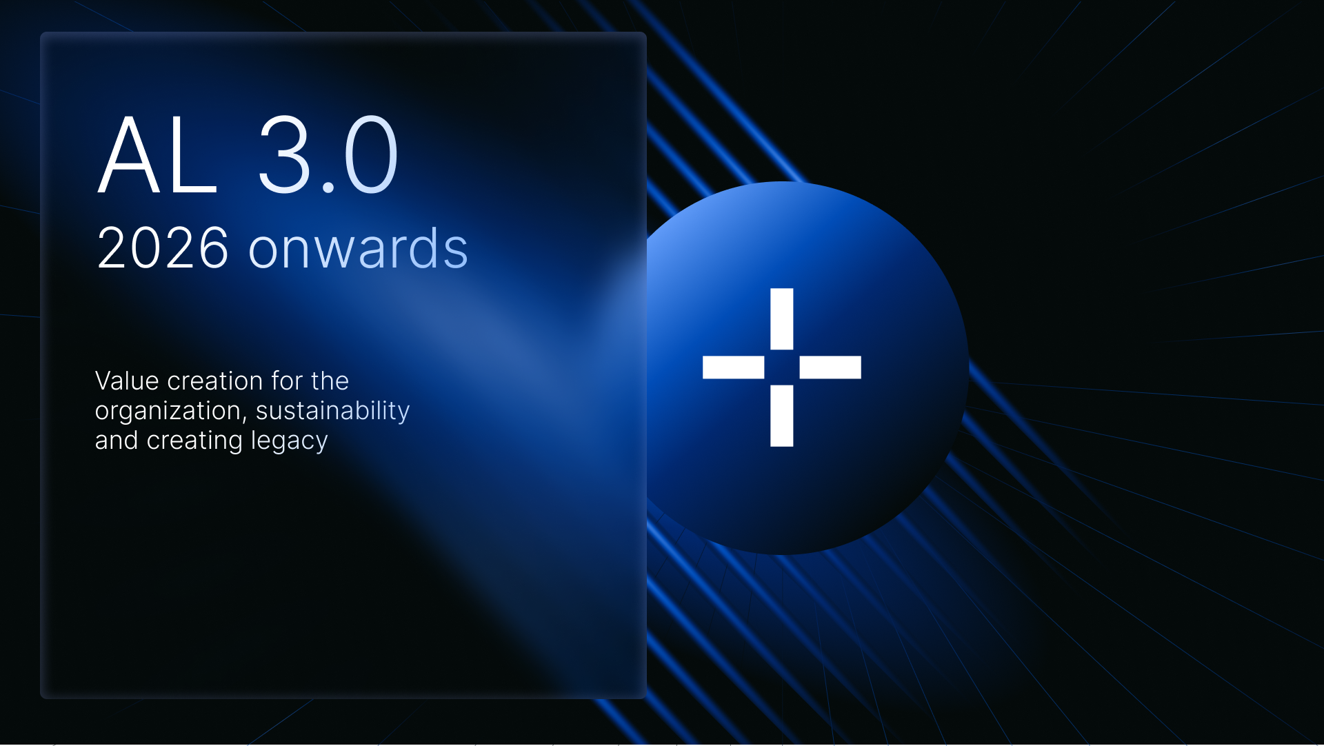 Digital graphic promoting AL 3.0, starting in 2026, focused on value creation for organizations, sustainability, and legacy building, featuring a dark background with blue accents and geometric shapes.