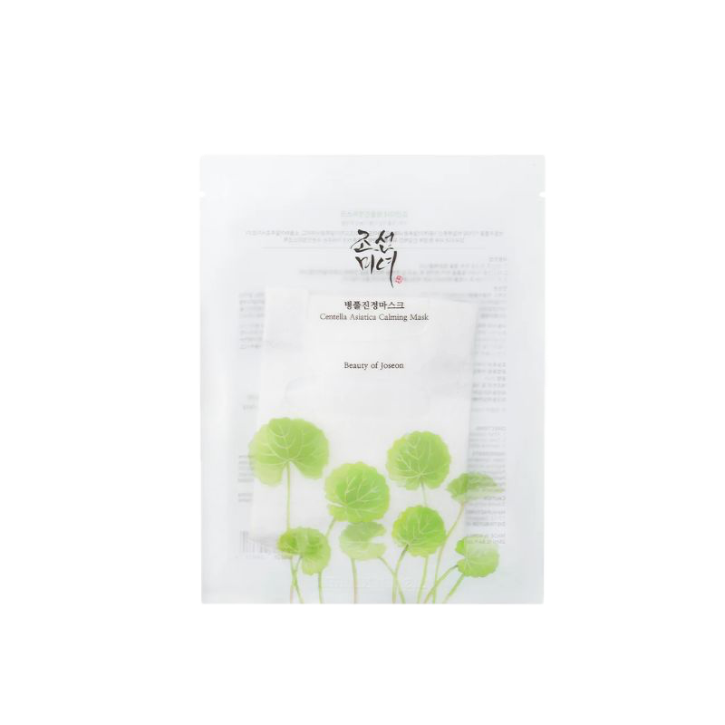 A package of Centella Asiatica calming face mask with green leaf illustrations on the front.