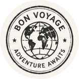 Seal with globe and telescope reading 'Bon Voyage, Adventure Awaits'
