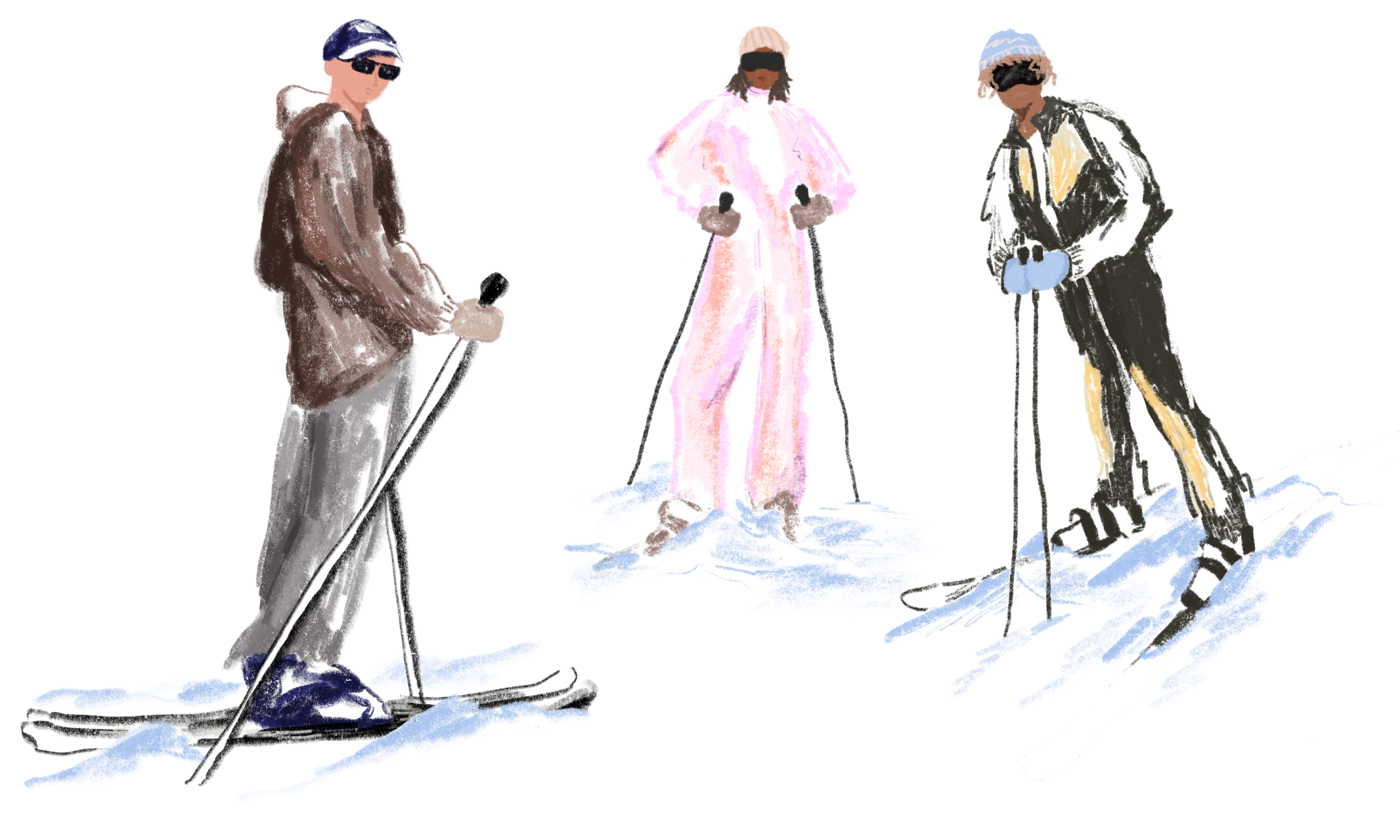 Three models wearing winter fashion and sunglasses standing on snow with a black background.
