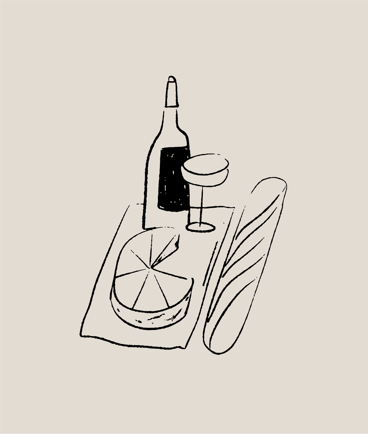 A sketch of a table with a bottle, a glass, and a sliced lemon on a napkin.