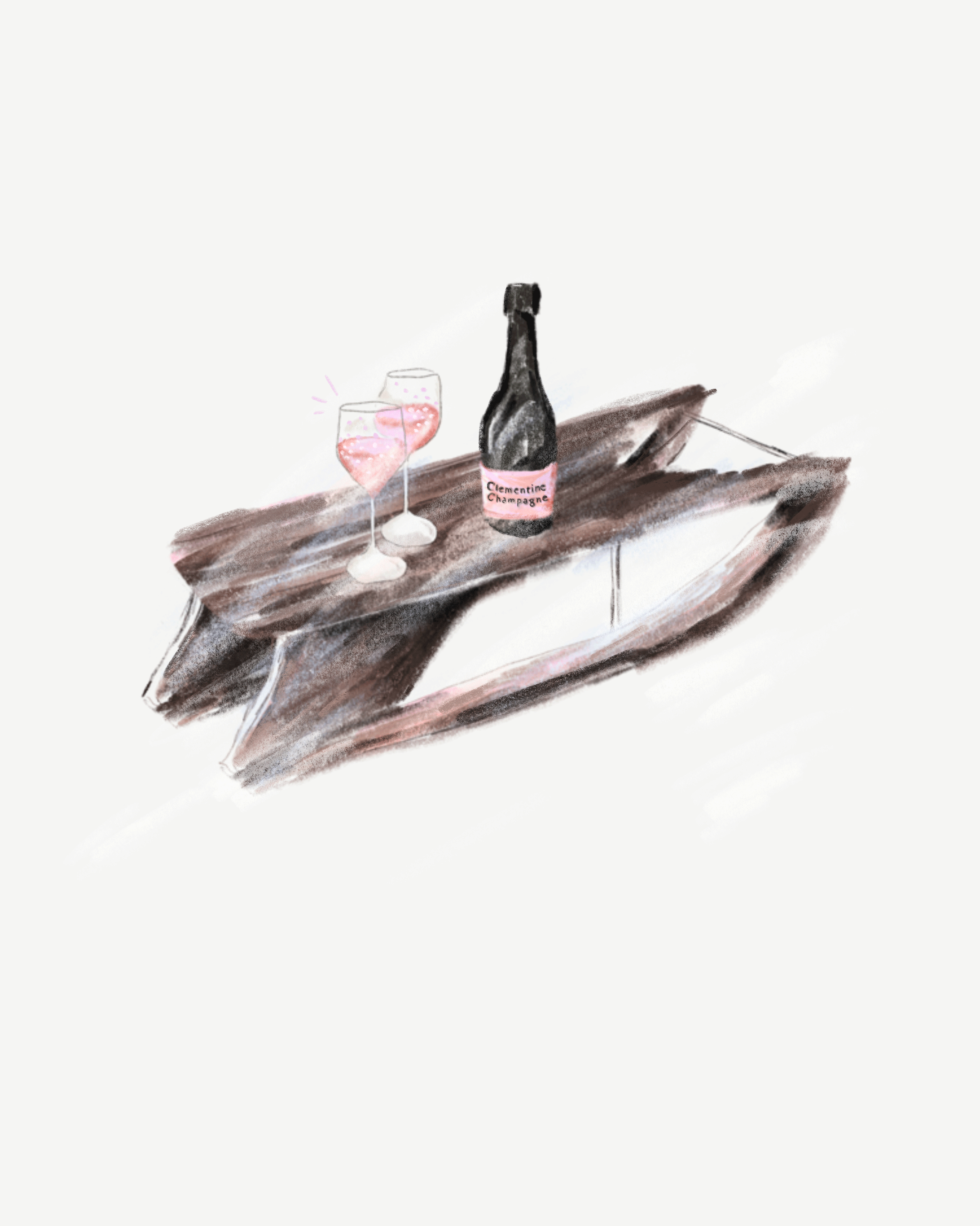watercolor illustration of a bottle labeled "Clementine Champagne" and two filled Champagne glasses on a wooden surface