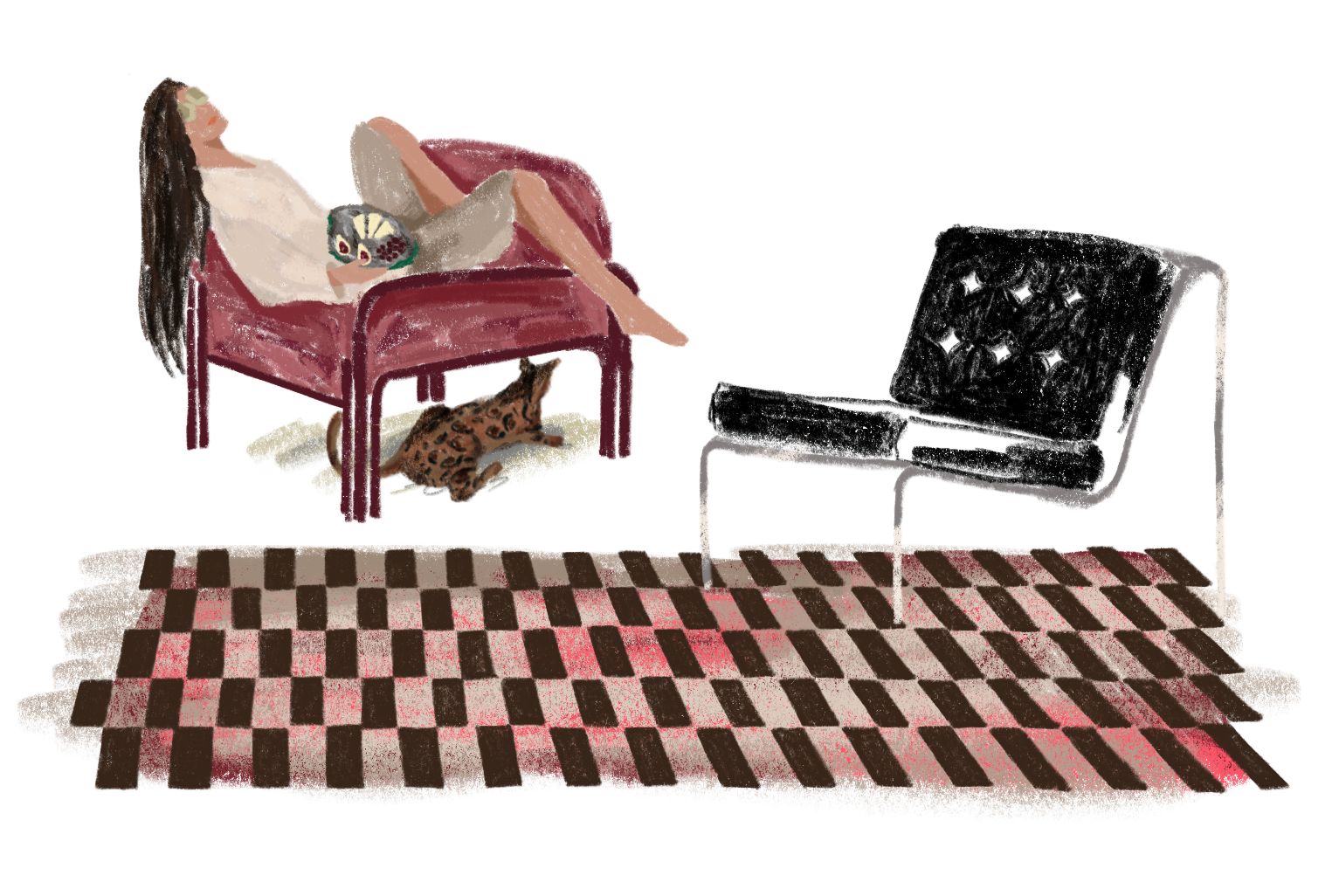 Illustration of a woman lying on a pink couch with a cat on her lap, a leopard print dog underneath the table, and a black modern chair on a checkered rug against a red wall.