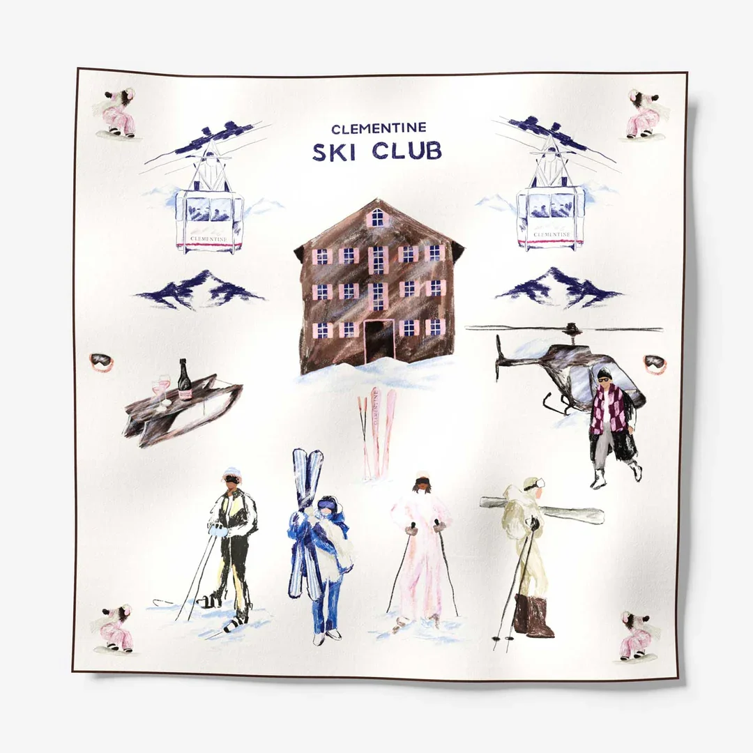 Illustrated poster for the Clementine Ski Club featuring skiers, a helicopter, a chalet, a ski lift, and mountains, with playful and colorful artwork.