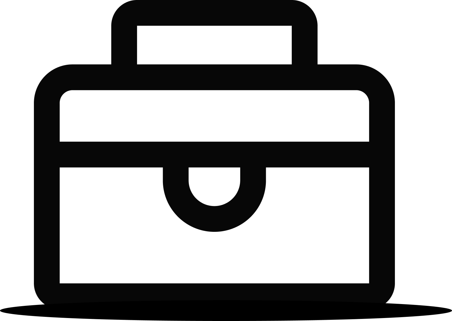 Black icon of a briefcase with a handle on top and a latch in the middle.