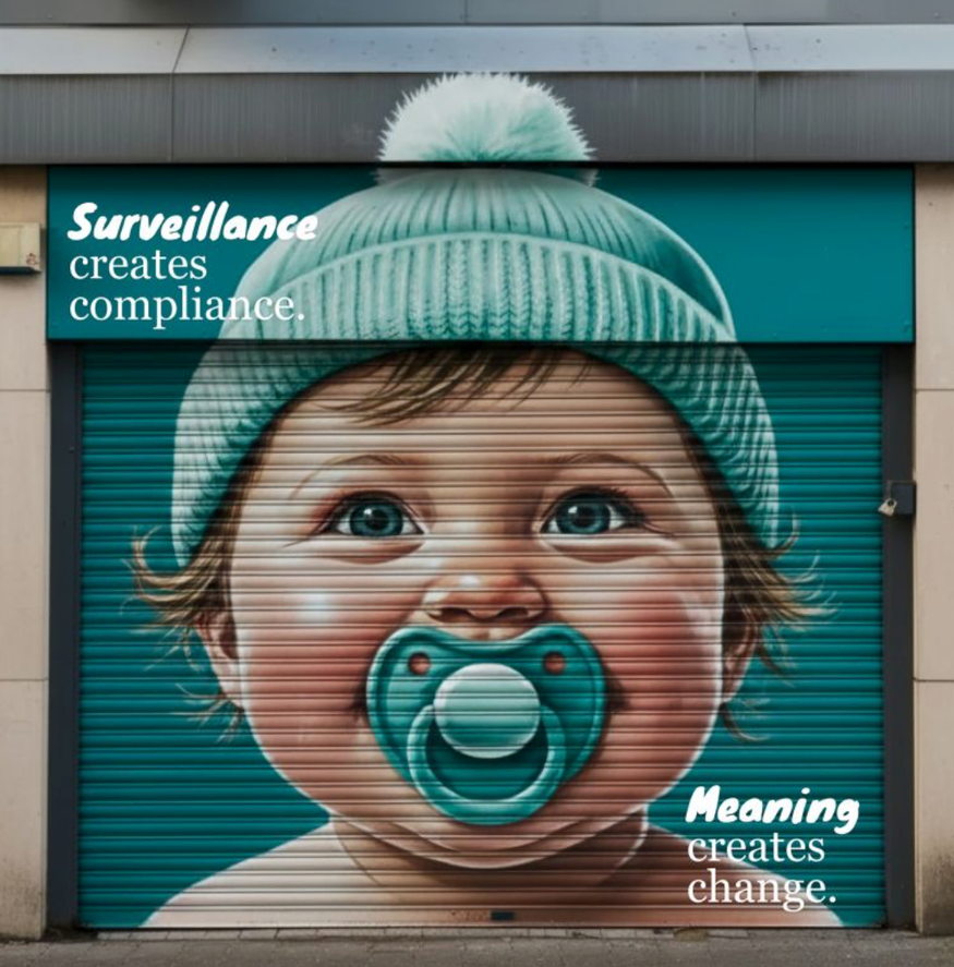 Garage door mural of a young child with blue eyes wearing a teal knit hat with pom-pom and pacifier. Text on the mural reads 'Surveillance creates compliance. Meaning creates change.'