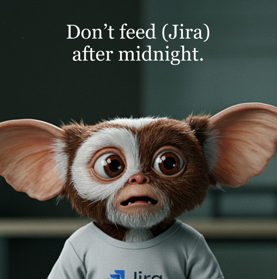 A CGI animated creature with large ears, big eyes, and brown and white fur wearing a gray shirt with the Jira logo, looking surprised or concerned, in front of a dark green background.