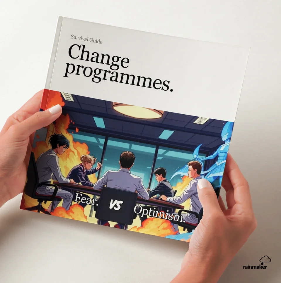The cover of a survival guide titled 'Change programmes' with an illustration of five people sitting around a table, with some displaying fire and smoke behind them and a blue, icy creature in the background.