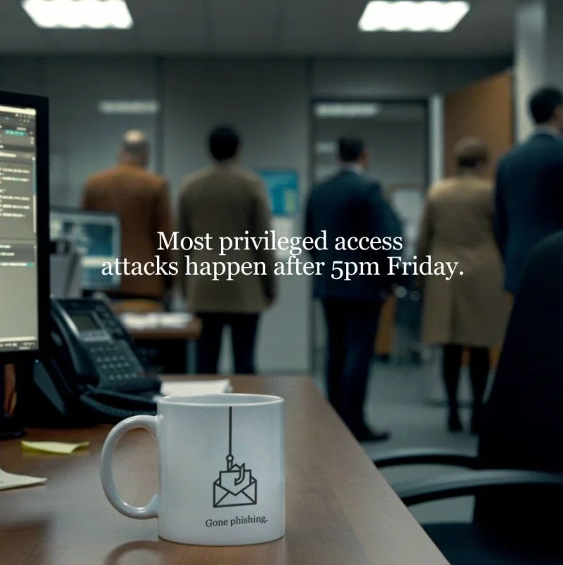 Office scene with a computer, a phone, and a coffee mug that says 'Gone phishing.' The background shows several people standing and working in a modern office environment. Overlaid text states: 'Most privileged access attacks happen after 5pm Friday.