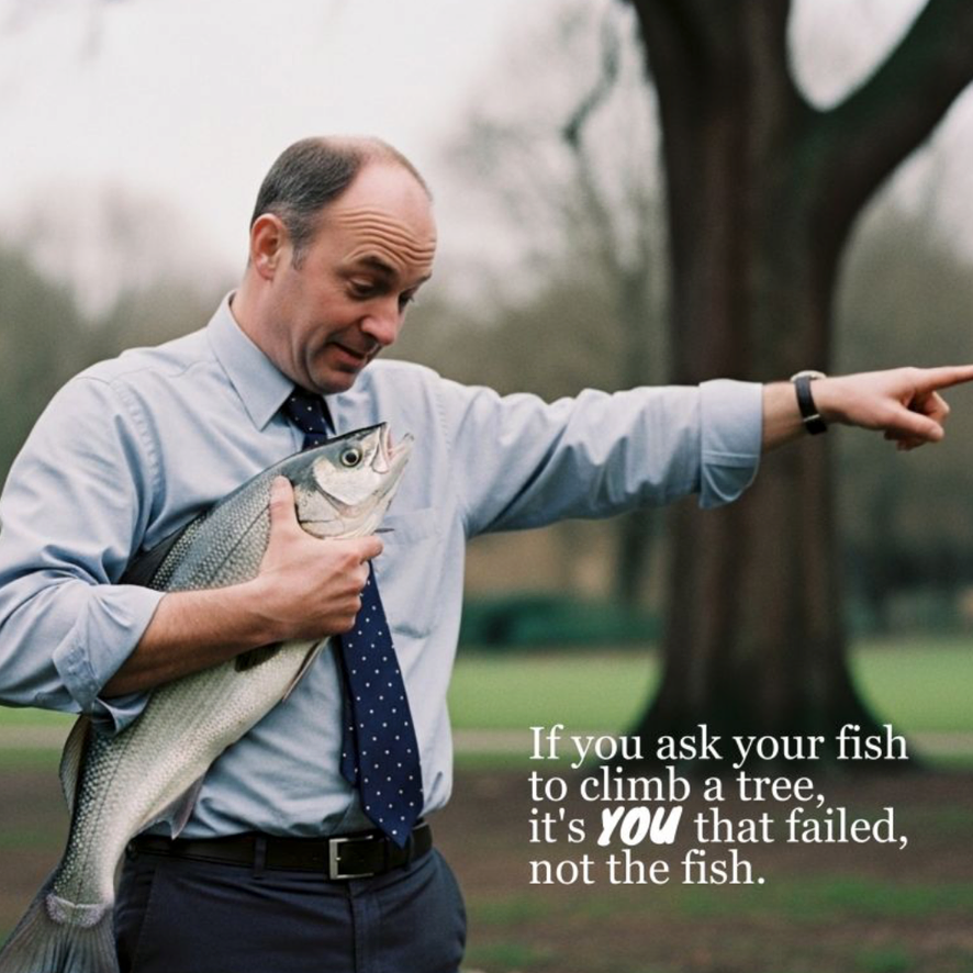 A man in a blue shirt and tie holding a large fish, standing outdoors in a park with trees in the background. The man is pointing to the right with his other arm.