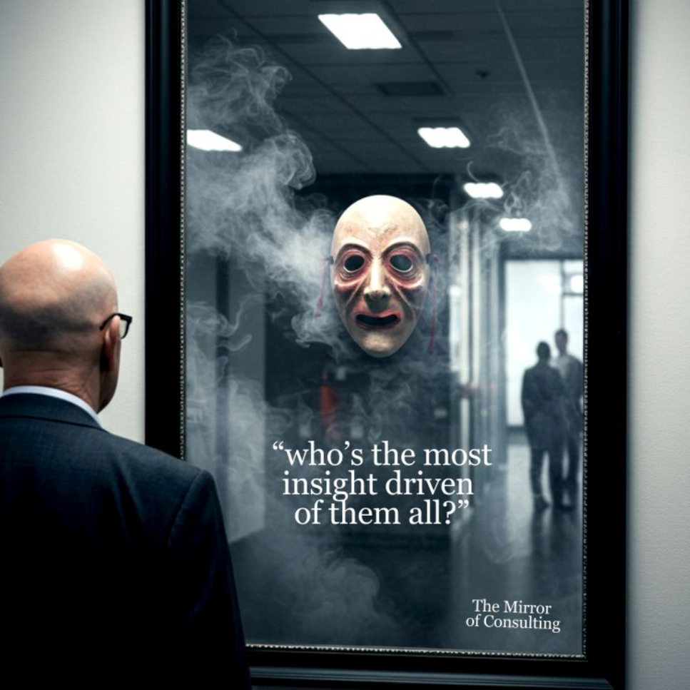 A man in a business suit and glasses looks at a mirror with a eerie mask and smoke behind it, with the text "who's the most insight driven of them all?" and "The Mirror of Consulting" displayed on the mirror.