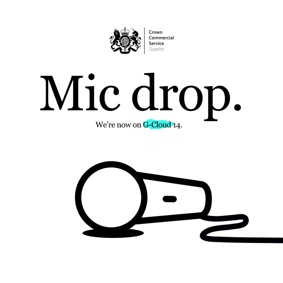 A graphic design sign featuring the words "Mic drop." Along with a simple black outline illustration of a microphone lying on the ground. The sign includes a logo with a crown and shield and text indicating the company, Crown Commercial Service, is n