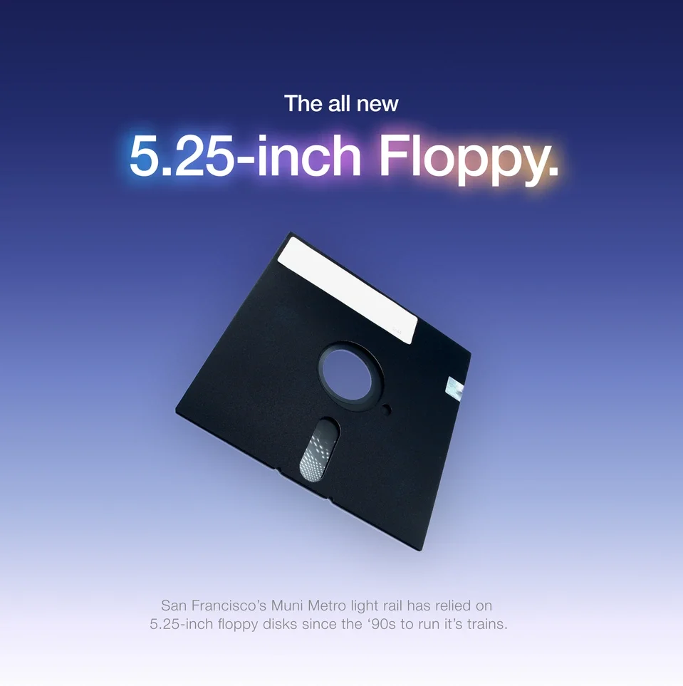 A vintage 5.25-inch floppy disk against a blue to purple gradient background, with text indicating it's a new product and explaining its historical use in San Francisco's Muni Metro trains.