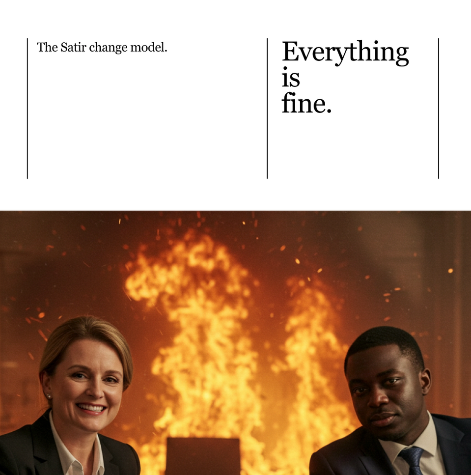 A woman and a man in suits smiling in front of a fiery background.