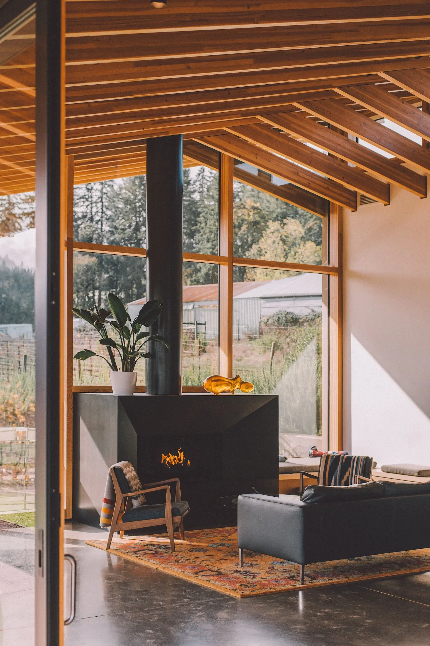 Intérieur d'une maison avec un plafond en bois, grande fenêtre laissant entrer la lumière naturelle, un canapé gris, des chaises en bois avec des coussins, un tapis oriental, et une cheminée allumée dans un coin.