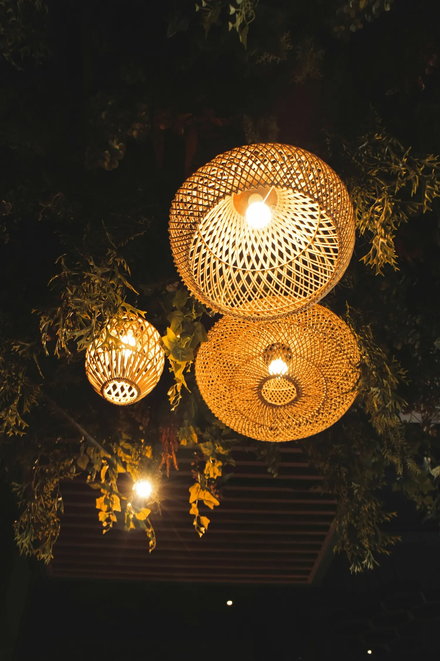 Lampes décoratives en osier éclairant dans un environnement sombre, entourées de feuilles et de branches.