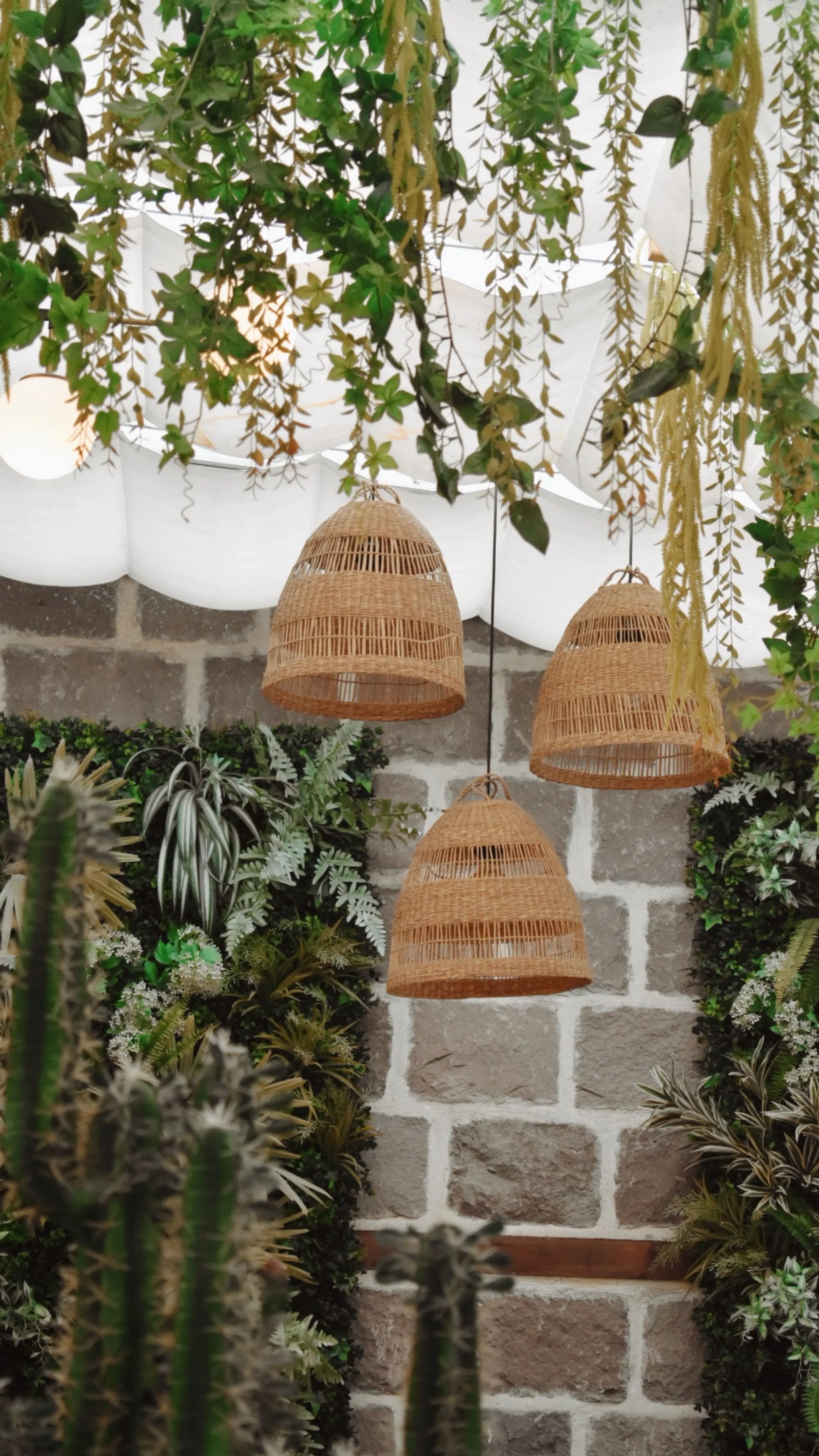 Intérieur décoré avec des plantes vertes, quatre luminaires en rotin suspendus, un mur en briques apparentes et un plafond blanc avec des plantes grimpantes suspendues.