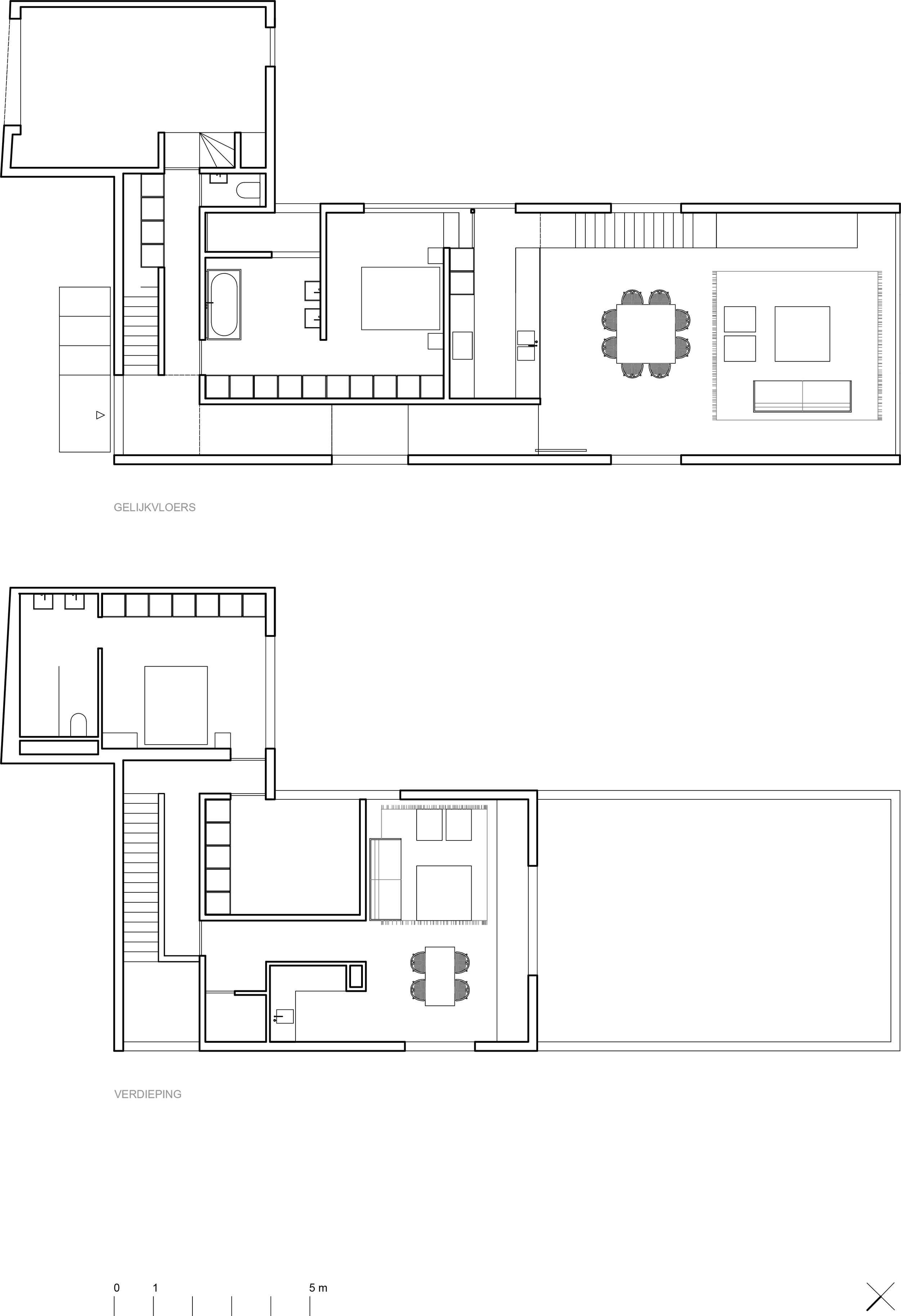 Floor plan drawing with labeled sections including Gelijkvloers (ground floor) and Verdieping (upper floor). The layout features a central staircase, rooms, and designated areas, with one section showing a table with chairs.