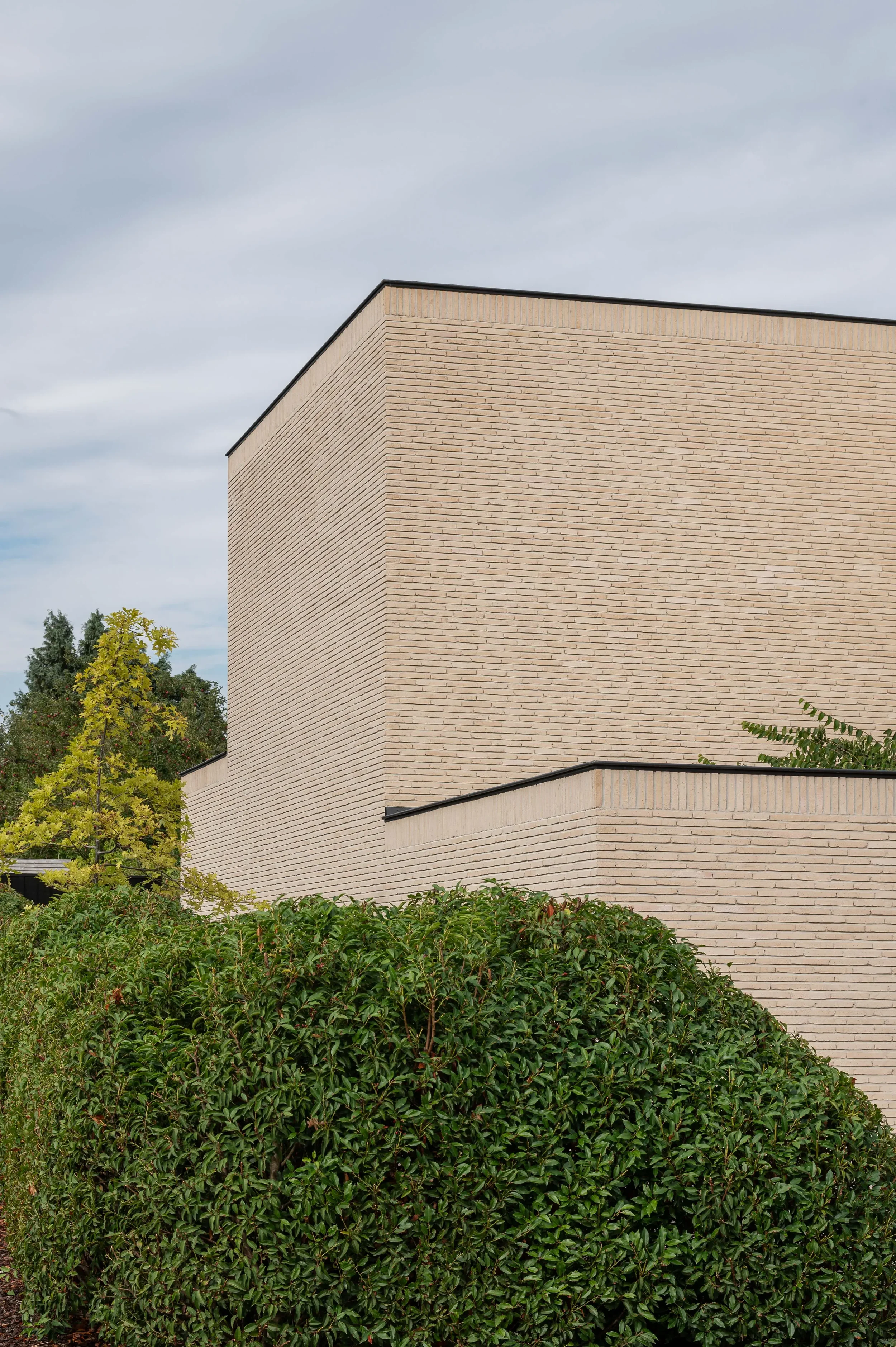 A beige brick building with sharp edges, partially obscured by green shrubbery and trees in the foreground, under a cloudy sky.