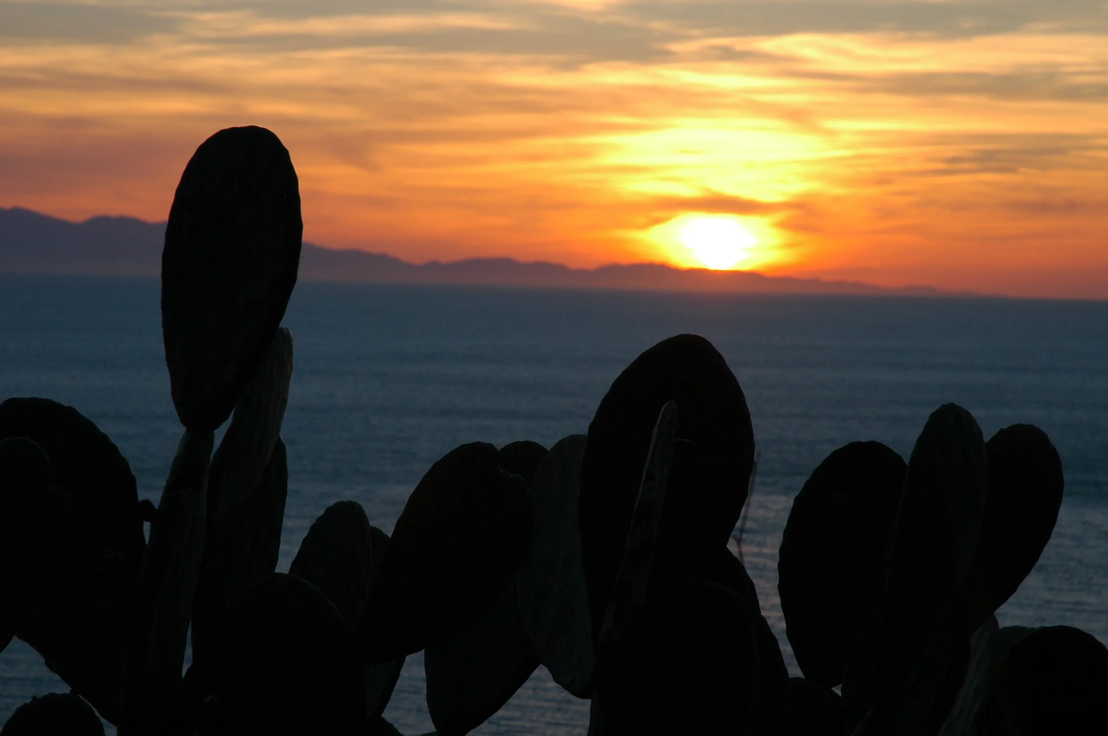 Silhouette di rocce lungo la costa di fronte a un mare, con un tramonto con il sole che scende dietro le montagne lontane, cielo con sfumature di arancione e giallo.