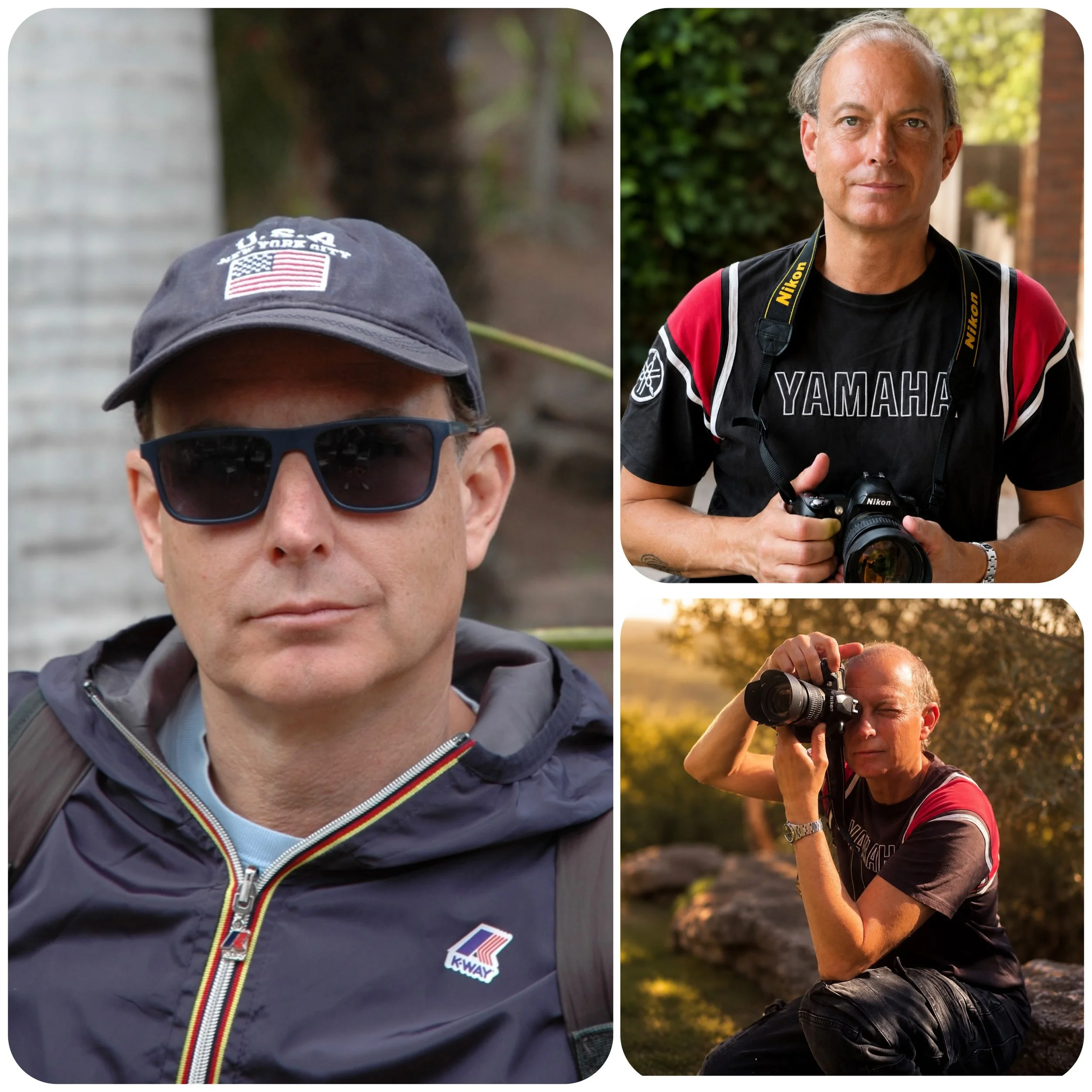 Collage di quattro fotografie di uomini, alcuni con macchine fotografiche. Uno indossa un cappello con bandiera e occhiali da sole; un altro con una maglietta Yamaha e una Nikon attorno al collo; un altro con una macchina fotografica che guarda attraverso il mirino e uno che si siede con una macchina fotografica. Background naturale con luci calde del tramonto.