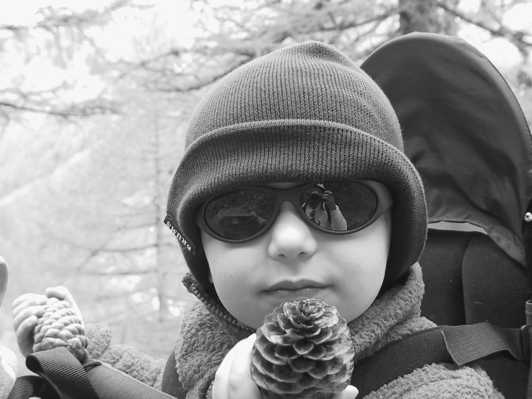 Ragazzo con cappello, occhiali da sole, e giacca in un ambiente naturale, con alberi sullo sfondo, mentre osserva una castagna.
