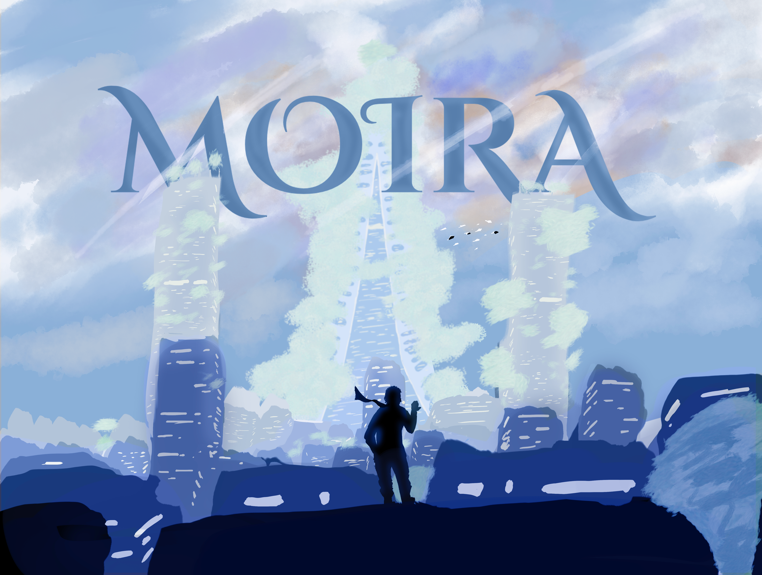 A person standing on a bridge during a cloudy day, holding a drink, with tall buildings and trees in the background, and the word 'MOIRA' in large letters across the sky.