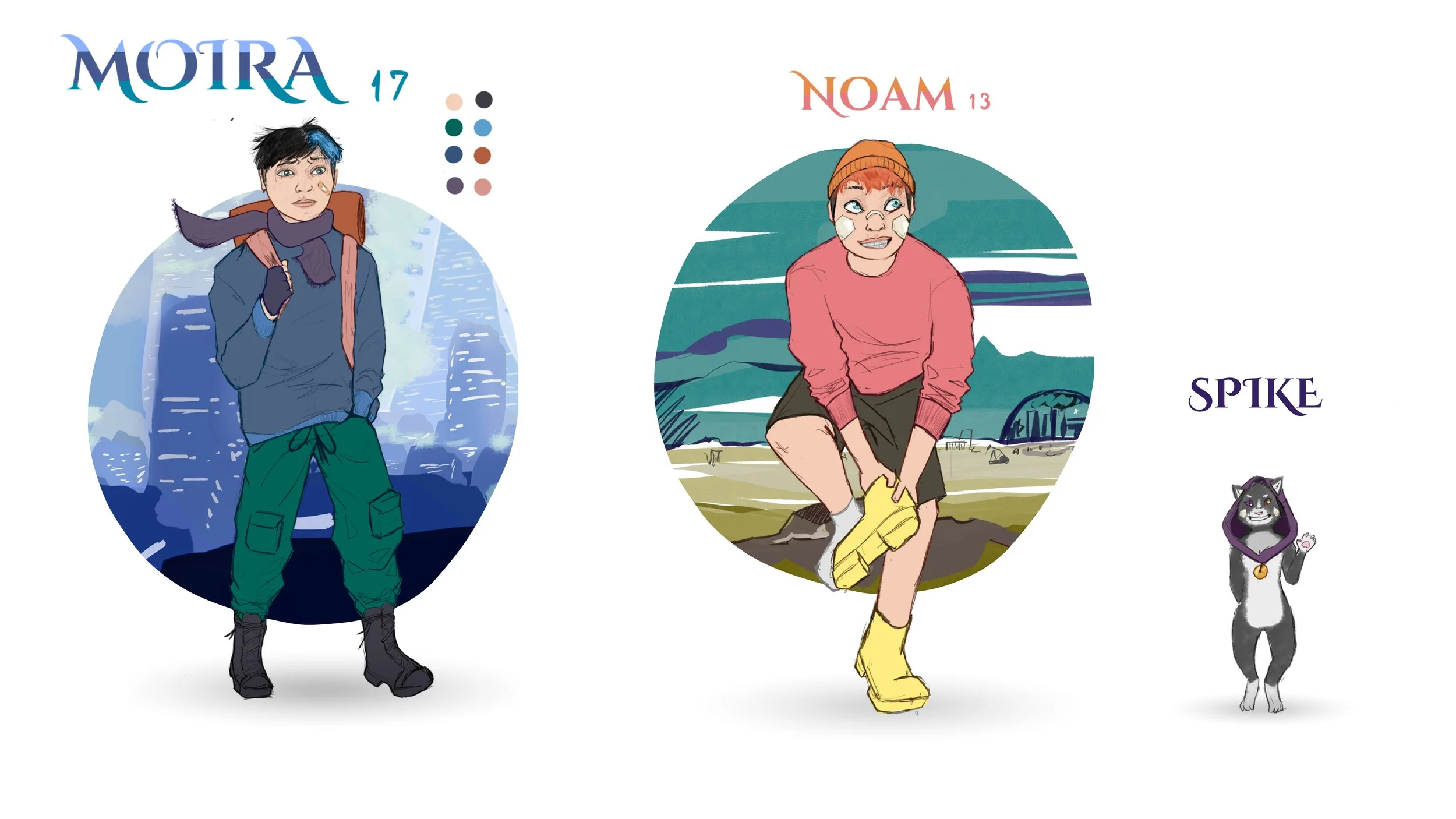 Illustration of two characters, Moira on the left with blue and black hair, wearing a jacket, scarf, and green pants, and Noam on the right with orange hair, wearing a beanie, pink sweater, and shorts, both inside circular frames with backgrounds of cityscape and natural scene, respectively. There is a canine character at the bottom right.