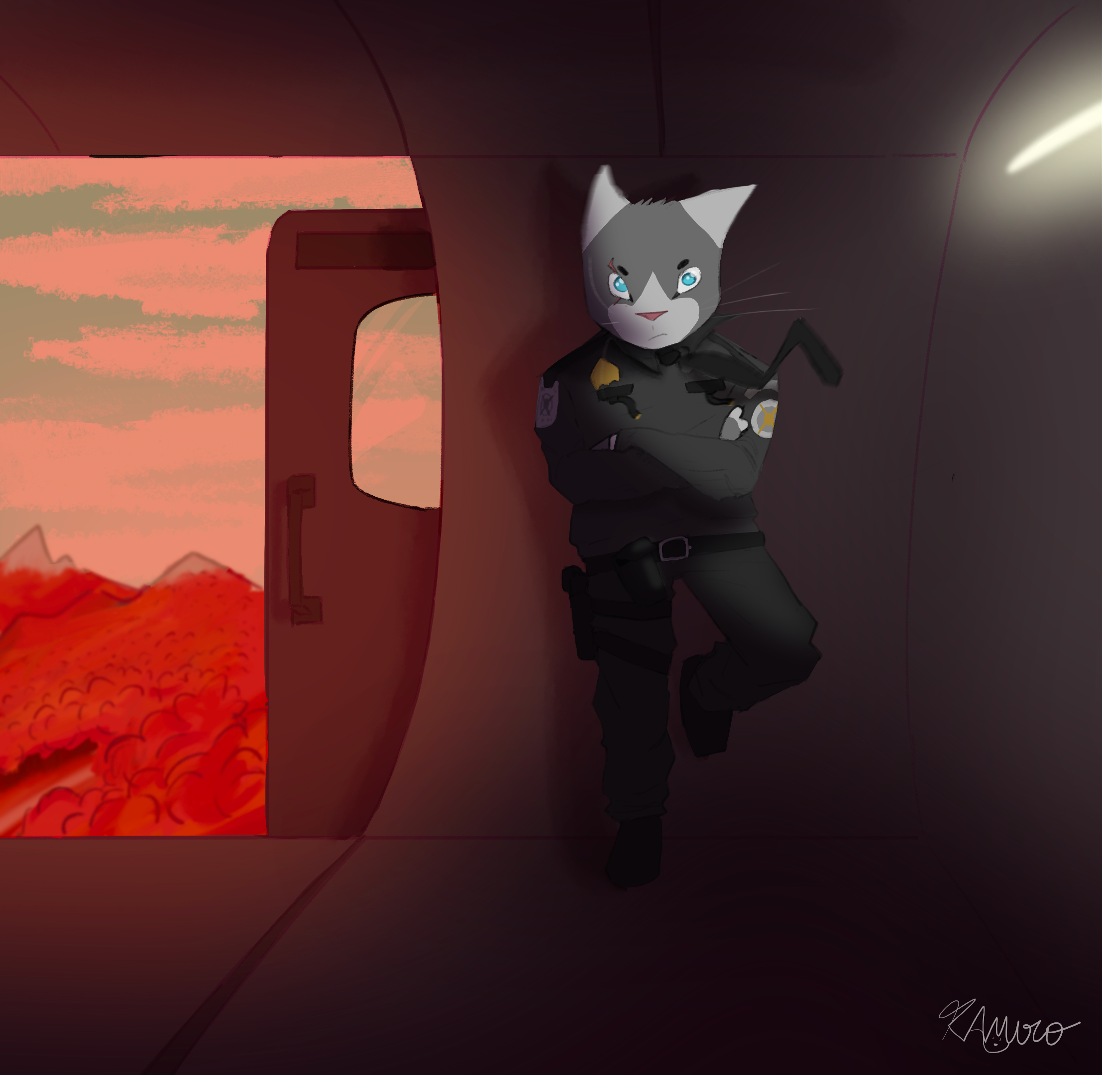 Stylized digital illustration of a black and white anthropomorphic cat with blue eyes, dressed as a police officer, leaning against a wall in a futuristic or sci-fi setting, with a sunset sky visible outside and a signature in the bottom right corner.