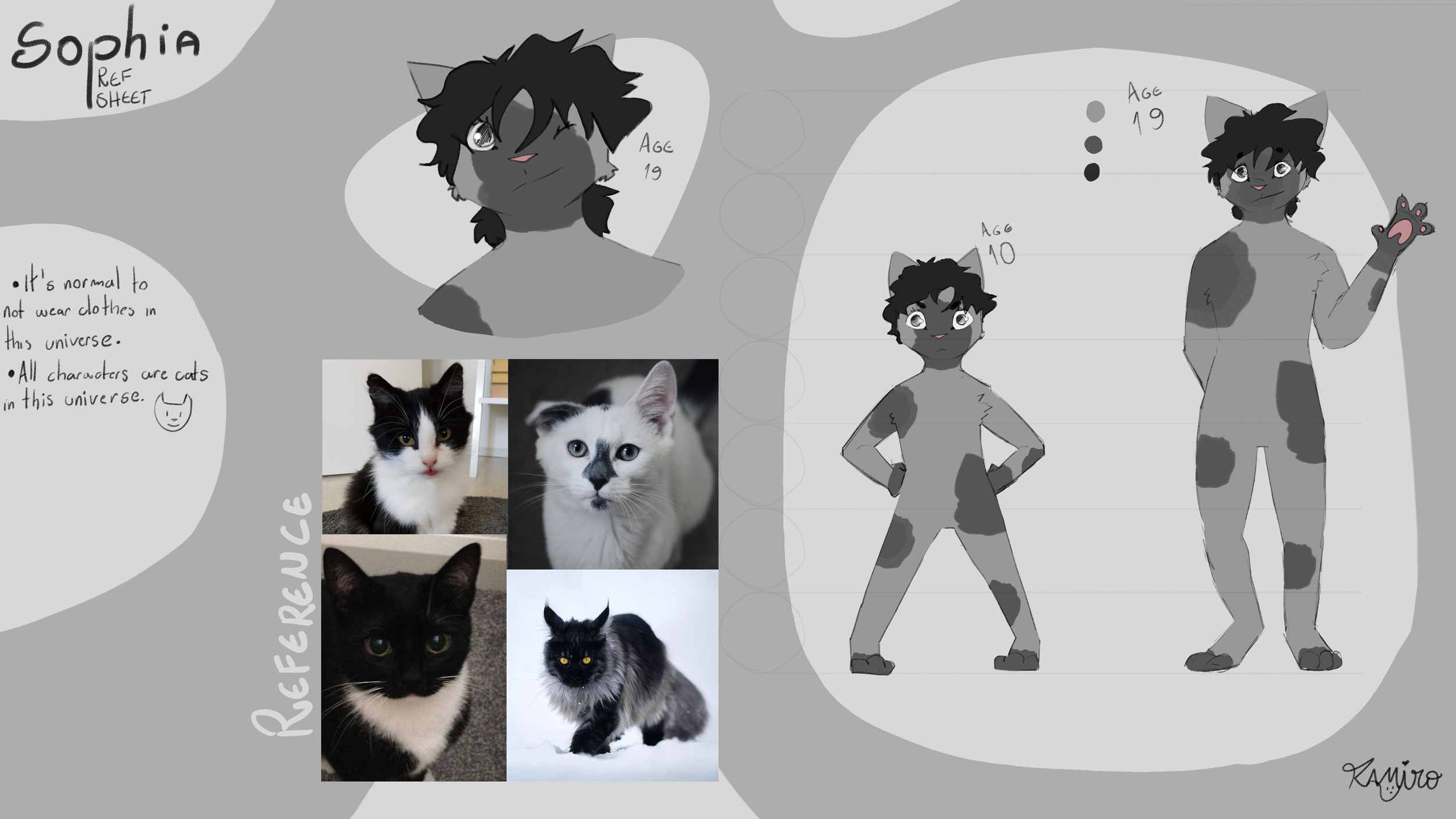 A character reference sheet of a cat-human hybrid named Sophia, who is 19 years old. The sheet shows her at age 10 and age 19, with illustrations of her feline ears, tail, and paws. There are photos of cats for inspiration, including a black and white cat and a white cat with black markings. Handwritten notes explain that all characters in this universe are cats and that it is normal not to wear clothes.