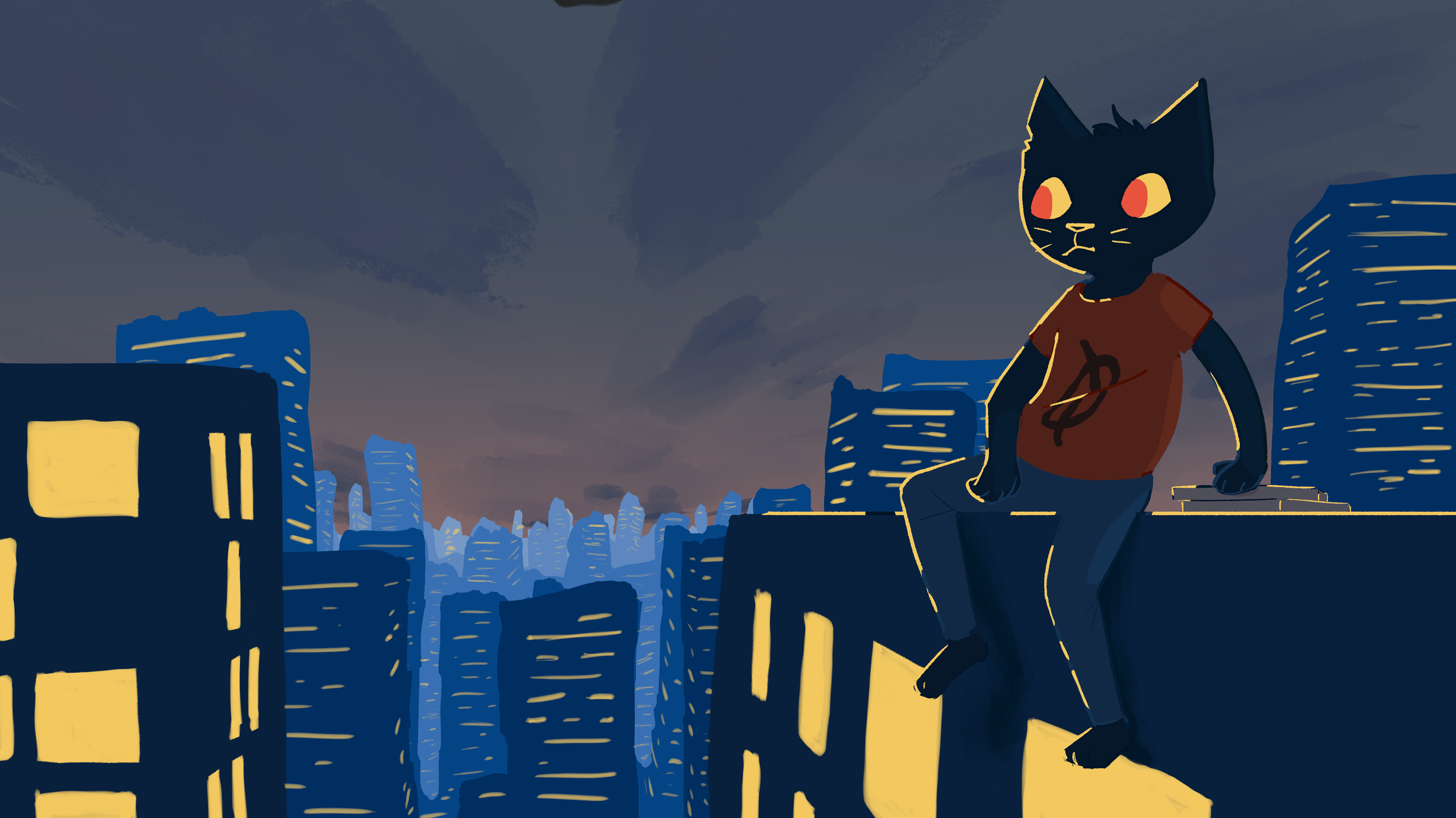 A digital illustration of a black cat with orange eyes sitting on a rooftop in a city at dusk, with tall buildings and a cloudy sky in the background.