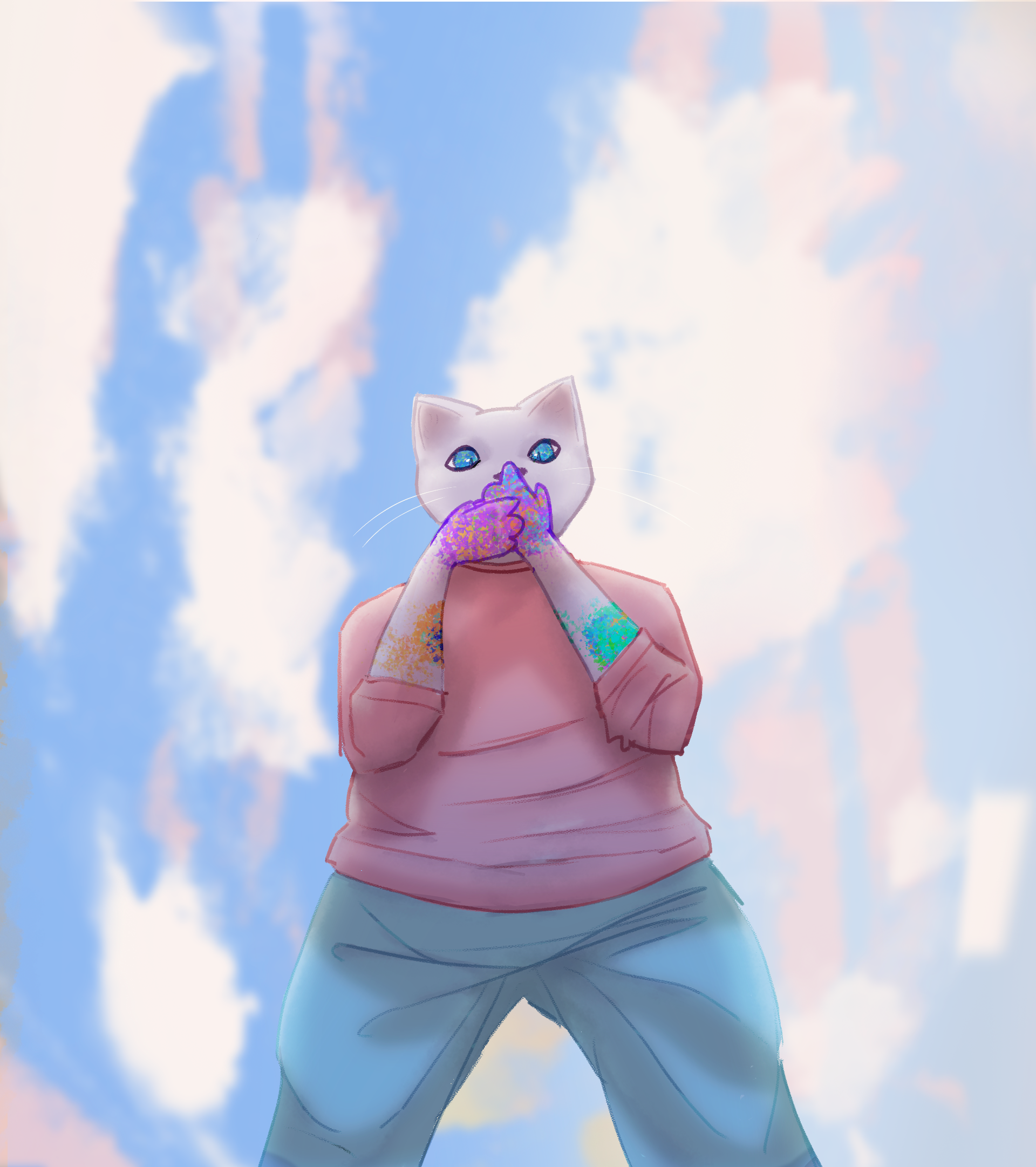A person standing outdoors against a blue sky with clouds, holding their hands near their face with colorful paint on their hands and arms, in a casual pink top and gray pants.